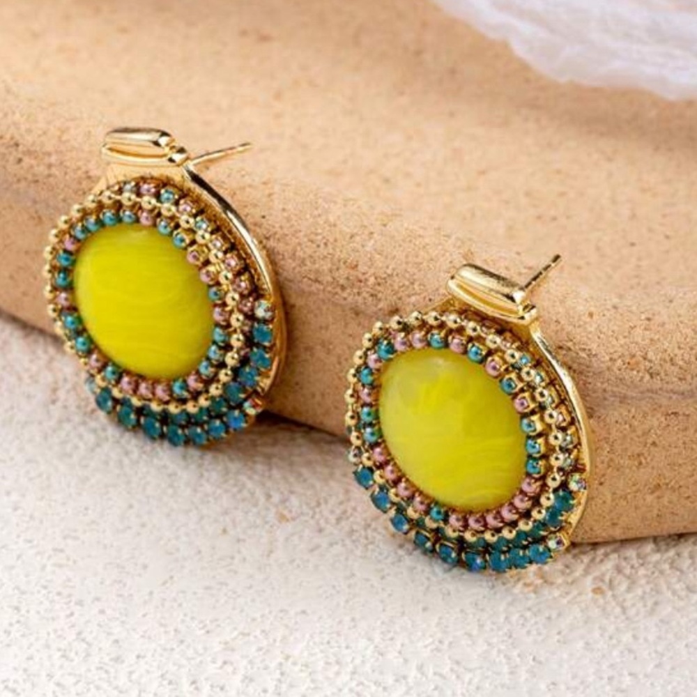 Zara Yellow and Turquoise Beaded Post  (not clip on) Earrings - Picture 3 of 6